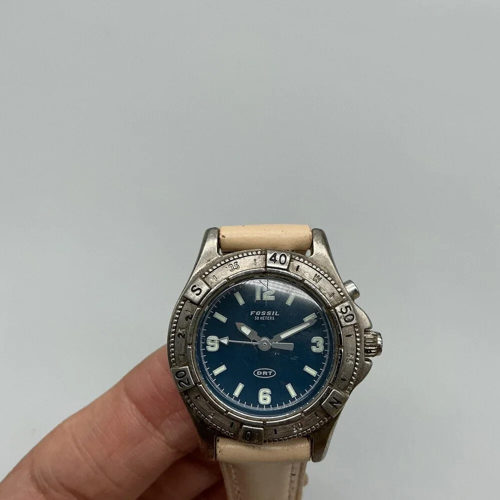 Vintage Fossil DRT DT-4041 Womens Watch 29mm Blue Dial Beige Leather New Battery